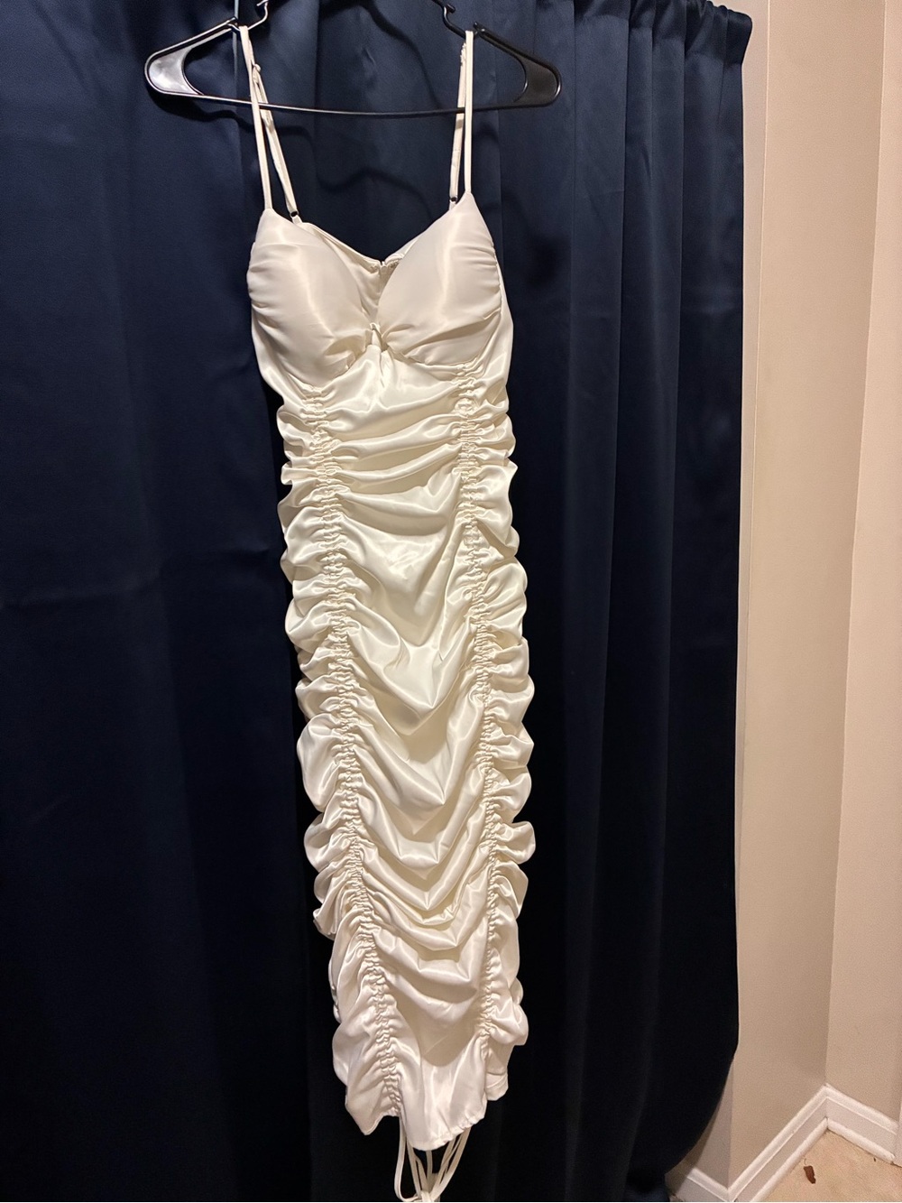 AKIRA Ivory Ruched Satin Midi Slip Dress